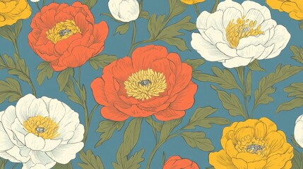 Poster - Floral pattern design featuring colorful peonies on a blue background ideal for textile packaging and fabric printing applications.