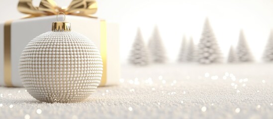 Aufkleber - Elegant festive decoration with gift box and white ornament on a snowy background creating a serene holiday atmosphere.