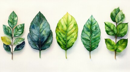 Aufkleber - Variety of hand-painted green leaves showcasing unique shapes and textures on a light background for botanical illustration and design