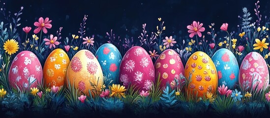 Aufkleber - Colorful Easter eggs surrounded by spring flowers in a vibrant floral landscape celebrating the joy of the Easter season.