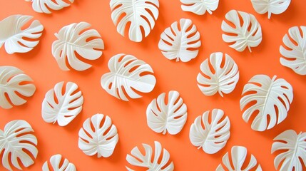 Poster - Flat lay of white paper Monstera leaves on vibrant coral orange background for summer tropical decor and design inspiration.
