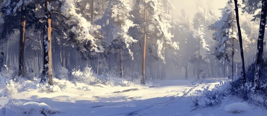Poster - Majestic winter landscape showcasing snow-covered fir trees and serene mountain backdrop in a tranquil snowy setting