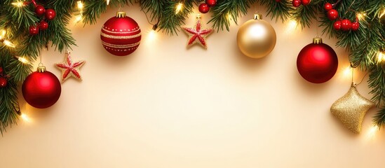 Aufkleber - Christmas tree branches adorned with colorful ornaments and warm lights on a soft neutral background for festive holiday designs.