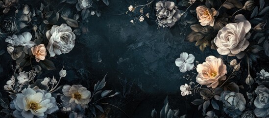 Poster - Elegant floral arrangement with soft pastel blooms on a deep dark background creating a dramatic and sophisticated atmosphere.