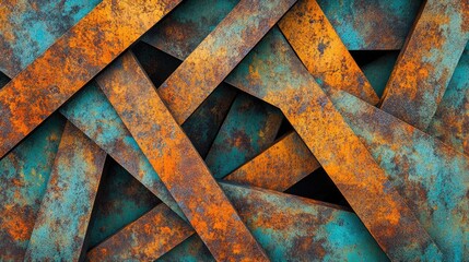Poster - Textured abstract background featuring an arrangement of rusty steel angles with blue and orange hues creating a visually striking pattern.