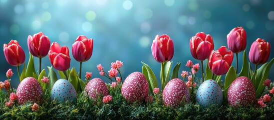 Poster - Easter spring backdrop with colorful tulips and decorative eggs on a vibrant background for seasonal celebrations and promotions