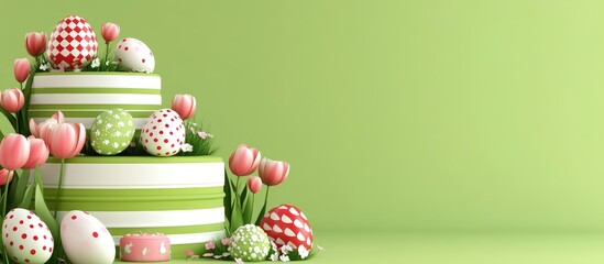 Wall Mural - Easter celebration with colorful podiums tulip flowers and decorative eggs on a vibrant green background for festive decor and invitations