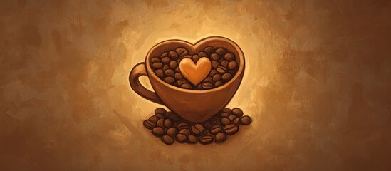 Poster - Heart-shaped coffee cup filled with beans on a warm brown background symbolizing love and passion for coffee.
