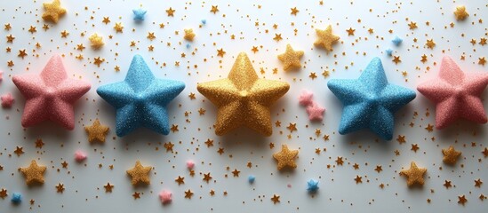 Poster - Colorful star-shaped ornaments and glitter scattered on a bright surface for creative business card or postcard mockup design concept