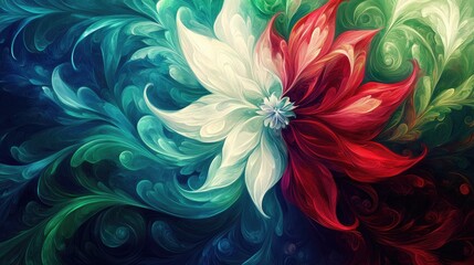 Poster - Silk Cloth Texture Abstract Floral Design with Red Green Blue and White Elements