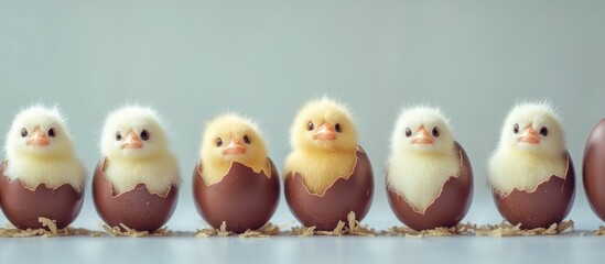 Aufkleber - Cute yellow chicks hatching from chocolate eggs arranged in a line on a light background for Easter celebrations or festive marketing.