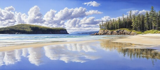 Poster - Serene coastal view of a sandy beach with lush green hills and clear blue skies reflecting in the tranquil water surface.
