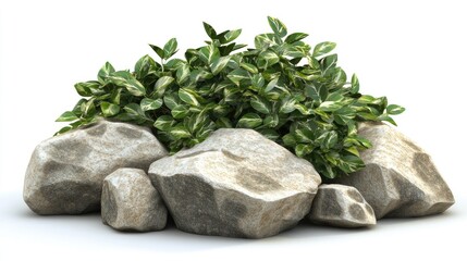 Poster - Lush green plant nestled among rocks conveying a natural garden aesthetic on a white background suitable for outdoor decorative themes
