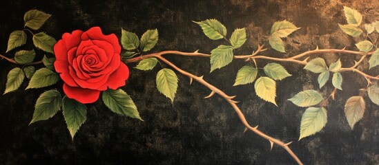 Poster - Red rose with lush green leaves against a dark background creating an elegant night-time floral ambiance.