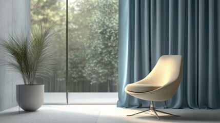 Poster - Minimalist modern living room featuring a sleek armchair, large window, and soft blue curtains with natural light filtering through.