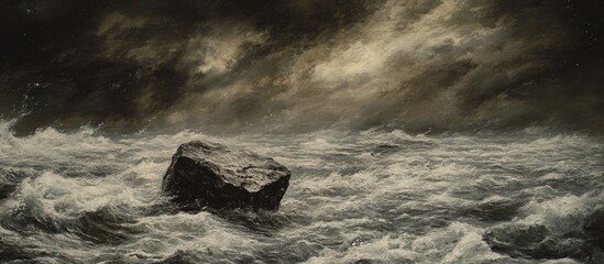 Poster - Lone rock amidst turbulent waters under a dramatic stormy sky capturing nature's raw power and beauty