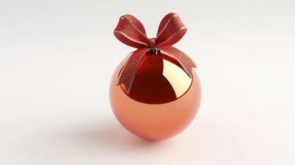 Poster - Shiny orange Christmas ornament with a festive red bow, positioned against a clean white background, holiday decoration, seasonal, festive, celebration.