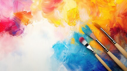 Poster - Creative paintbrushes on vibrant abstract paint background showcasing colors for artistic inspiration and design projects.
