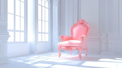 Poster - Elegant pink vintage chair in a bright, minimalist white room with large windows and soft natural light