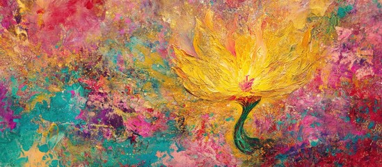 Aufkleber - Vibrant abstract painting with a yellow flower surrounded by colorful splashes creating a festive and lively atmosphere