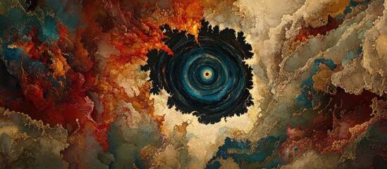 Poster - Abstract swirling colors with a central dark vortex representing depth and motion in a cosmic landscape like formation.