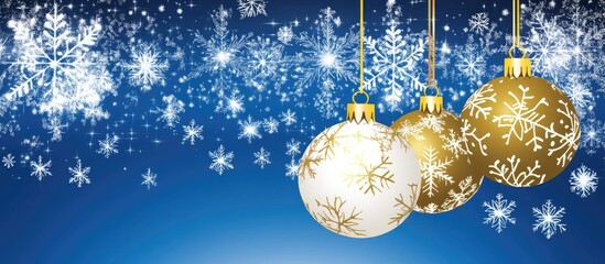 Poster - Festive Christmas balls and snowflakes elegantly arranged on a vibrant blue background for a joyful holiday atmosphere.