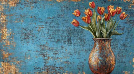 Poster - Vibrant tulip bouquet in a textured vase against a rustic blue backdrop showcasing a blend of color and elegance in floral decor.