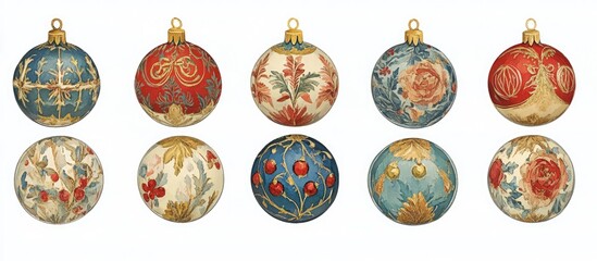 Poster - Vintage decoupage Christmas ornaments displayed in a row on a white background showcasing intricate floral and geometric designs.