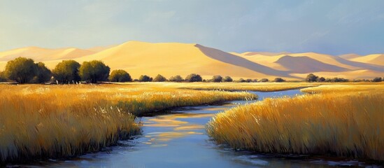 Poster - Serene stream meandering through golden grasslands with majestic sand dunes in the background under a clear blue sky