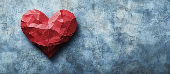 Poster - Geometric red heart cut from paper on a textured blue background for creative and artistic designs or romantic themes