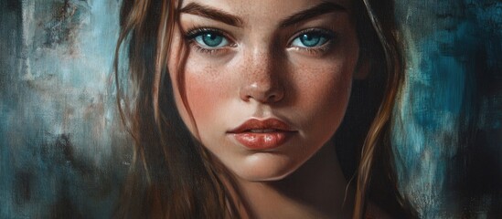 Aufkleber - Captivating portrait of a young woman showcasing striking blue eyes and natural beauty with a soft textured background