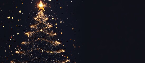 Poster - Sparkling Christmas tree silhouette created with sparklers and golden bokeh lights on a black background for festive celebrations.