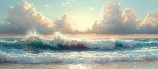 Poster - Serene ocean waves crashing on a tranquil beach at sunset with soft clouds and a colorful sky in the background