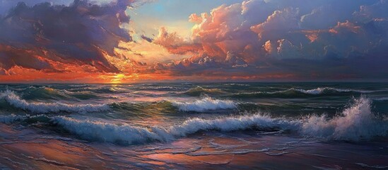 Poster - Vibrant sunset over serene sea with dynamic waves and dramatic clouds reflecting warm evening colors