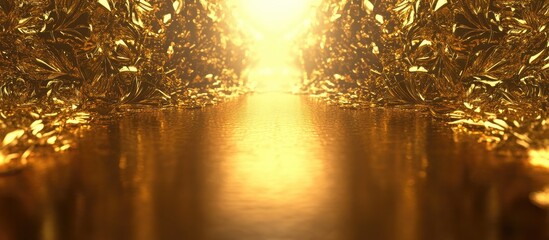 Leinwandbilder - Golden glimmering garland backdrop creating an enchanting atmosphere with a reflective surface and shimmering light effect.