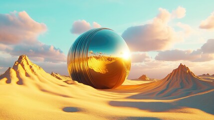 Leinwandbilder - Futuristic landscape with reflective sphere in desert showcasing innovative design concepts and textures for creative professionals.
