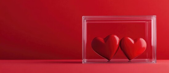 Poster - Candy hearts in a transparent box on a vibrant red background symbolizing love and affection for Valentine's Day or romantic occasions.