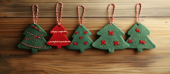 Poster - Rustic handmade felt Christmas tree ornaments displayed on a wooden table for a cozy festive atmosphere