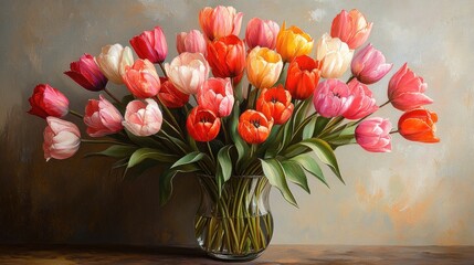 Poster - Vibrant bouquet of multicolored tulips in a glass vase showcasing nature's beauty and elegance in floral arrangement