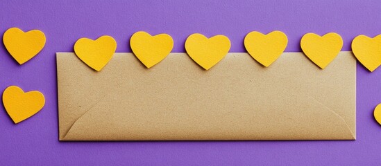 Poster - Craft envelope with yellow hearts on lilac backdrop ideal for holiday greetings and invitations in a whimsical and creative style.