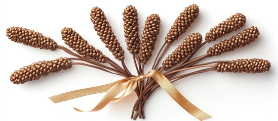 Aufkleber - Easter catkins bouquet elegantly tied with a golden ribbon on a clean white background for seasonal decoration and floral arrangements.