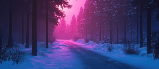 Aufkleber - Majestic winter forest landscape at dusk with snow-covered path and vibrant pink and purple sky illuminated by soft evening light