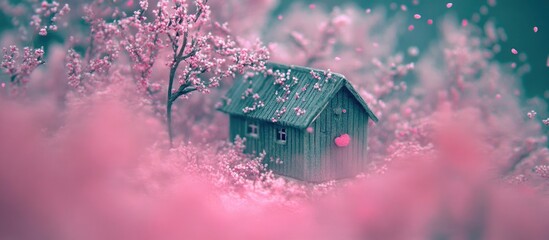 Aufkleber - Charming rustic wooden cabin surrounded by vibrant pink cherry blossoms in a serene, dreamy landscape