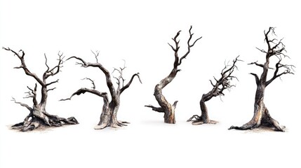 Aufkleber - Collection of isolated dry dead trees with intricate branches on a white background for nature-themed design and imagery.