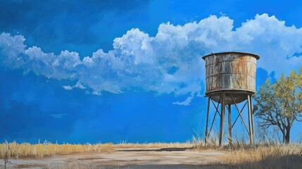 Aufkleber - Rustic water tower against a vibrant blue sky with fluffy clouds and dry grass landscape in a serene rural setting