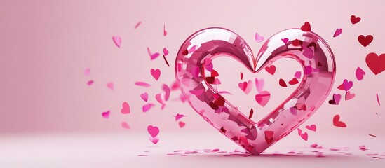 Poster - Heart-shaped glass decoration surrounded by falling pink hearts on a soft pink background symbolizing love and affection.