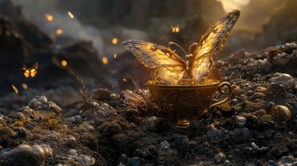 Poster - A golden butterfly emerging from a coffee cup in a mystical landscape at dawn with sparkling elements surrounding it.