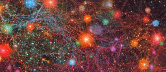 Poster - Abstract representation of interconnected luminous nodes resembling fireworks in a dark space, showcasing vibrant colors and intricate patterns.