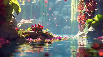 Poster - Serene Waterfall Oasis with Colorful Flowers and Sunbeams Illuminating a Tranquil Pool in a Lush Natural Environment
