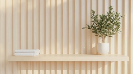 Poster - Modern minimalist shelf against a natural white wooden wall featuring greenery and neatly stacked towels in a serene interior setting